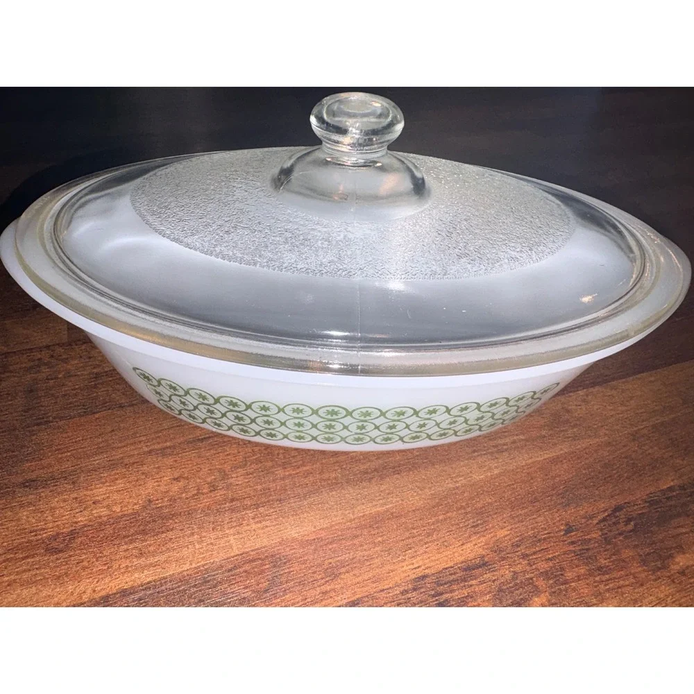 Vintage Ovenware Green Flowers Oval Casserole Dish with Lid 1 Qt